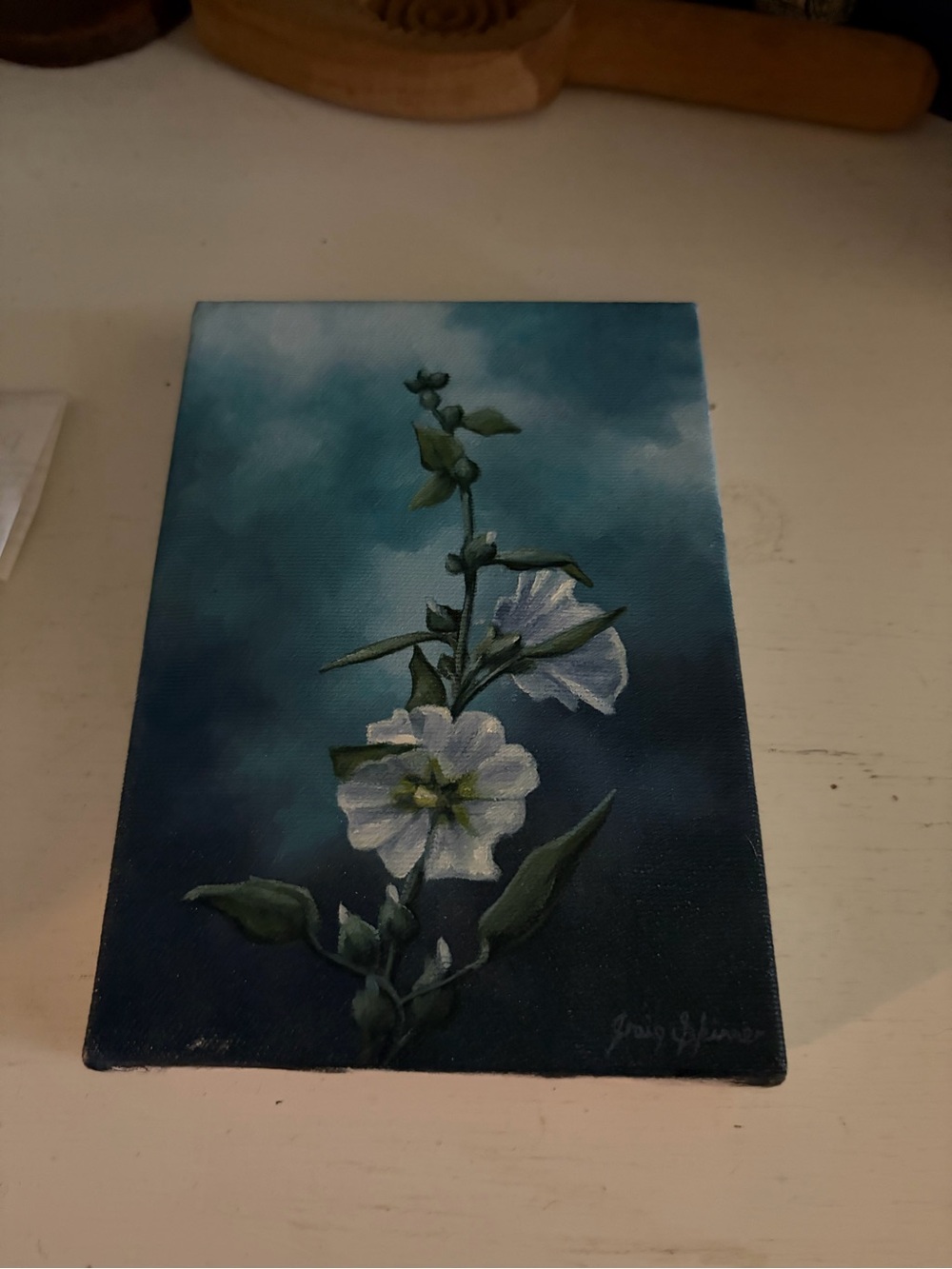 Craig Skinner Floral Canvas Art Print in Teal and White- Hollyhock